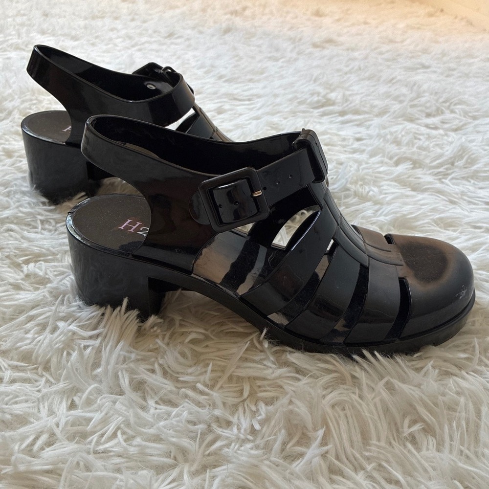 H2K Black Jelly Sandals Womens Size 40 Chunky Block Heel Lug Sole Retro 90s